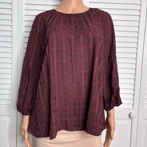 New PEARL LELA ROSE Wine Plaid Crepe Full Sleeve Blouse Size XL
